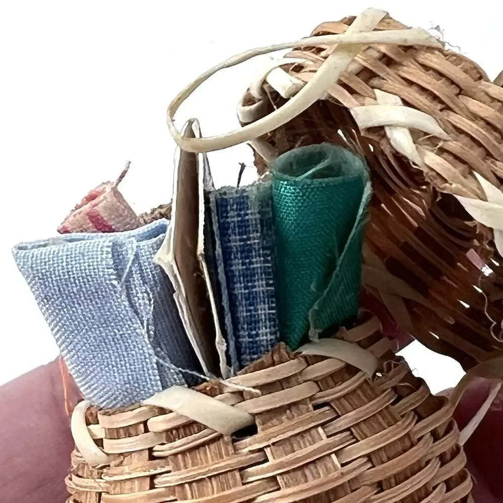 Vintage Mini Artisan Wicker Sewing Basket & Fabric Dollhouse Miniature 1:12